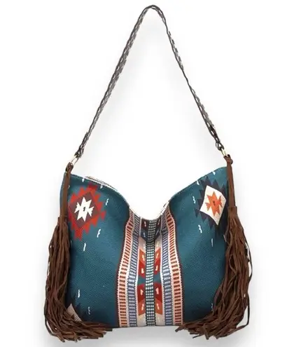 Southwestern Design Fringe Tassel Hobo Shoulder Bag Teal Blue Orange Tan Brown