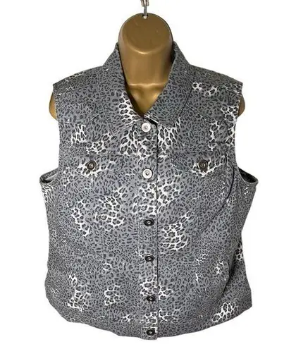 Roz & Ali Denim Vest Sleeveless Leopard Print Gray Combo L