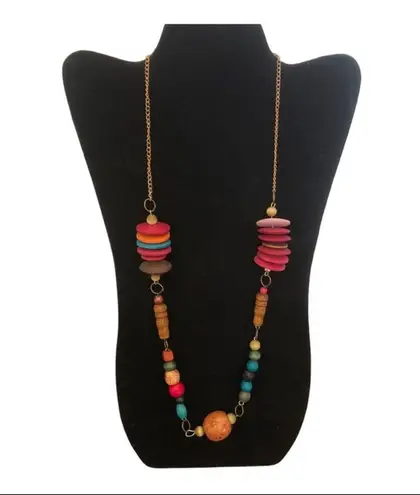 Vintage Boho 80s Retro Style Eclectic Irregularly Wood Beads Gold Chain Necklace Purple