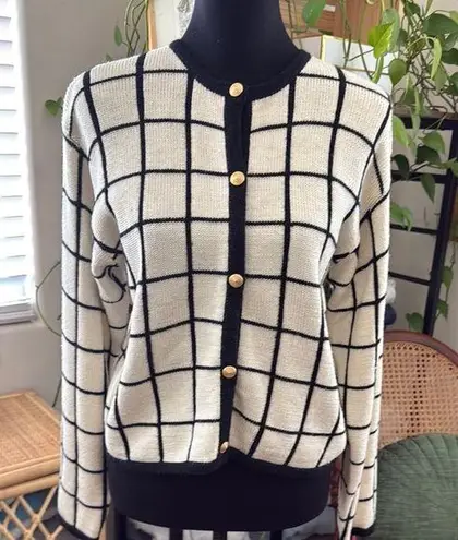 Breckenridge Vintage Petites Ivory & Black Windowpane Gold Button Lady Sweater