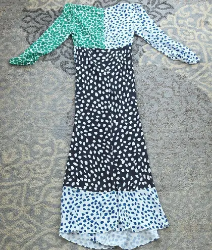 O.P.T. Cope Patchwork Polka Dot Colorblock Ruffle Twist Front Maxi Dress Small Green