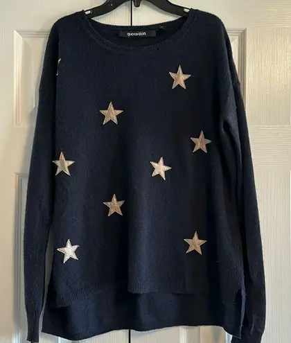 Quotation Women’s Navy Blue with Silver Stars Cashmere Crewneck Sweater Size M