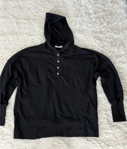 Zenana Outfitters Black Pullover Hoodie Button Front Kangaroo Pocket Relaxed Fit