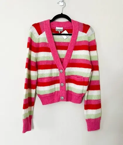 Ganni NWT Stripe Bejeweled Cardigan Pink Sweater XS