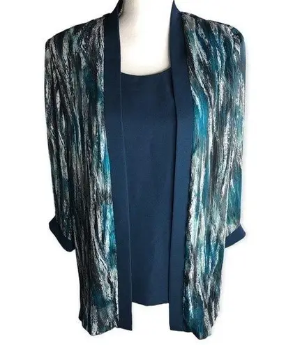 R & M Richards R&M Collection Blue Abstract Open Front Cardigan with Tank Top