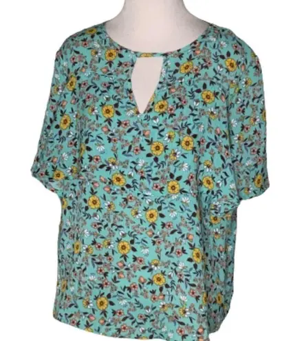 Wishful park Turquoise & Yellow Flowers Boho Short Sleeves Flowy Top S