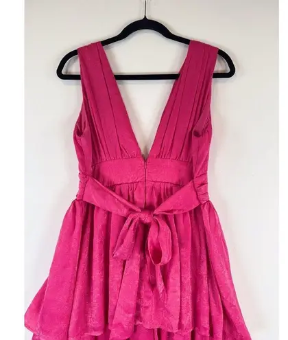 Lulus Dress Hot Pink Peak Party V Neck Layered Bow Tie Midi Barbiecore Large