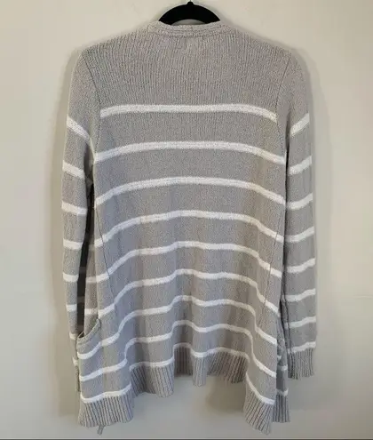 Sigrid Olsen  Gray & White Stripe Cotton Blend Open Front Cardigan Sweater