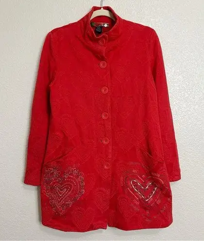 Desigual Red Heart Embroidered Jacquard Long Sleeves Peacoat, Sz Medium