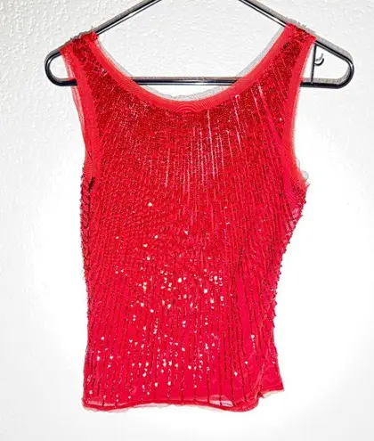 Chaudry KC Red Sequin Sleeveless Top | Beaded Party Blouse | Size Small