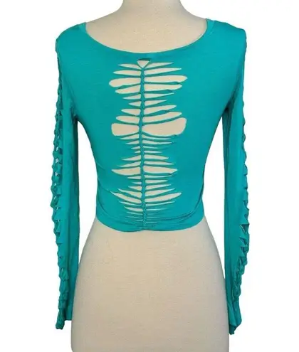 SLIT WEAVE Knotted Long Sleeve Turquoise Crop Top Rave Party Festival Club Sz S