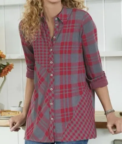Soft Surroundings Paramour Red Plaid Fleece Button Down Shirt Jacket Medium