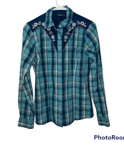 Cruel Girl Denim Ladies Blue Plaid Embroidery Western Retro Shirt