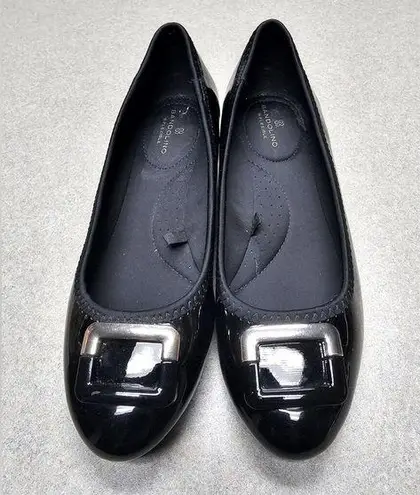 Bandolino Women's Tad Wedge Pump Faux Buckle Dress Shoes Shiny Black Size 9.5