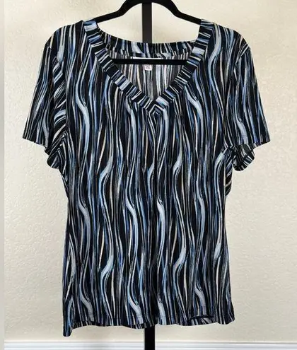 JM Collection Women’s Chic Modern Abstract Blue Black Blouse Stretchy Knit Chic Shirt Large