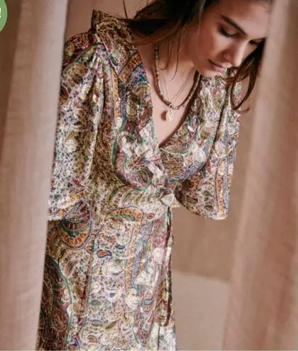 Sézane Paula Metallic Shimmer Silk Midi Dress Paisley Size US 2