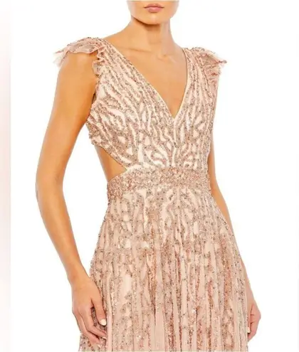 Mac Duggal 5682 Sequined Flutter Cap Sleeve Cut Out A-Line Gown, Apricot, Size 8 - Image 1