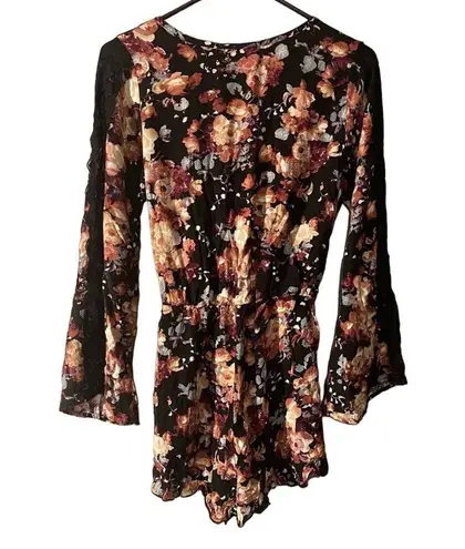 PaperMoon Black Multicolor Floral Lace Detail Scalloped Romper Women Sz S