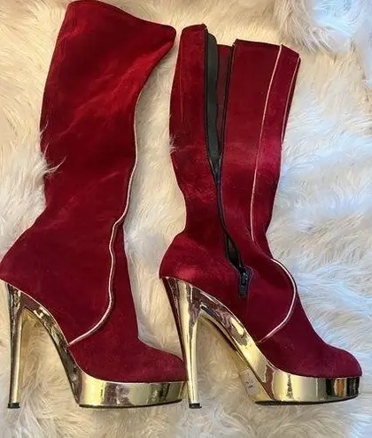 the wild pair tina 2 Burgundy and gold boots vintage 70’s 5 in heels size 38 Red