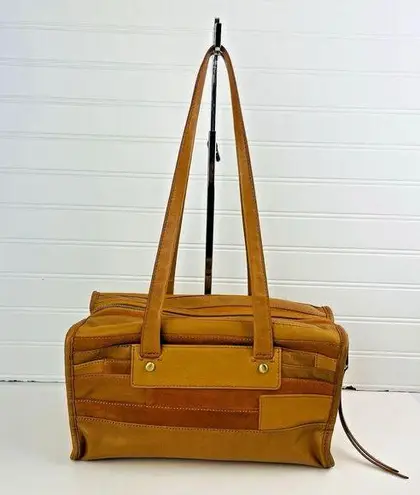 HOBO Tan Velvet Hide Suede Leather Patchwork Double Handles Satchel Shoulder Bag Brown
