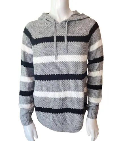 Cloud Chaser Gray, Black, & White Striped Knit Hoodie (M)