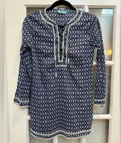 Letarte Skull Tunic Coverup Dress Navy Blue Sequin Bead 3/4 Sleeve Blouse Size S White