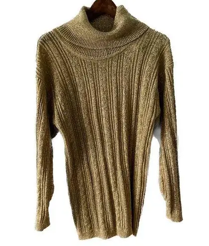 Vintage gold metallic sparkle ribbed knit turtleneck tunic sweater size medium M