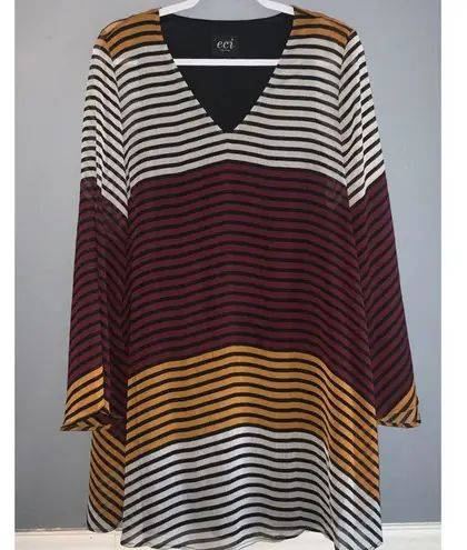 ECI Black White Purple & Mustard Striped V-Neck Long Bell Sleeve Shift Dress 4