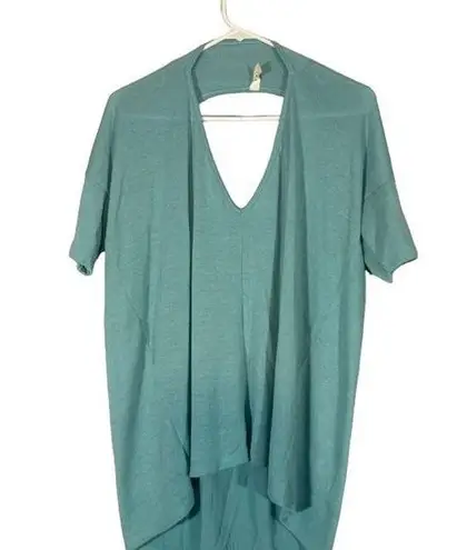 Luxe Baby Blue Short Sleeve Key Hole Cut Out High Low Tunic Blouse Women SZ M