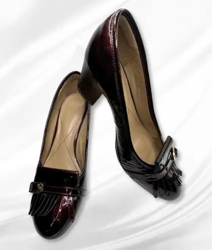 Isola Tara Kilted Buckle Patent Leather Block loafer Heels Burgundy Women's Sz 8
