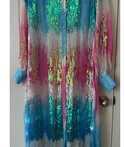 Retrofête Pastel Rainbow Sequin Dessa Maxi Dress XS Long Sleeve Button Front Blue