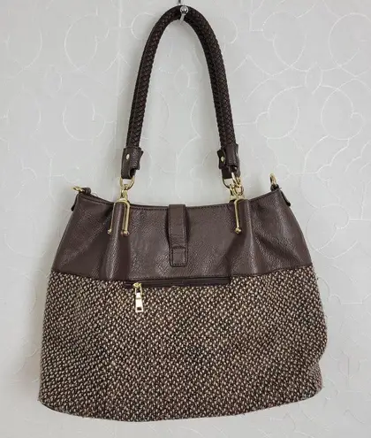 Black Rivet Womens Shoulder Bag Brown Leather Tweed Purse Buckle Strap Handbag