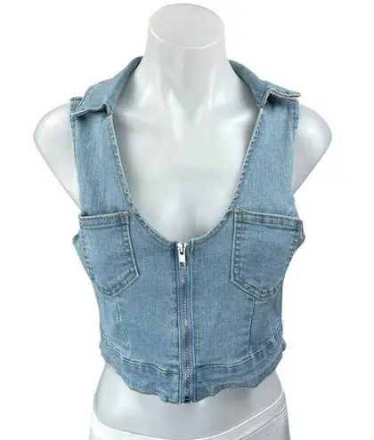 Women's Zipper Collar Sleeveless Patch Pockets Denim Jean Crop Vest Tank Top M Blue Size M