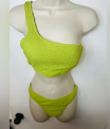 Women's Ribbed Bikini Set One Shoulder Top with Mid Waist Two Piece Size M Green Size M