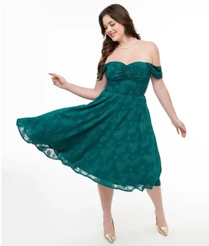 Unique Vintage NWT 1950s Teal Jacquard Off Shoulder Flare Dress Size 2X/18