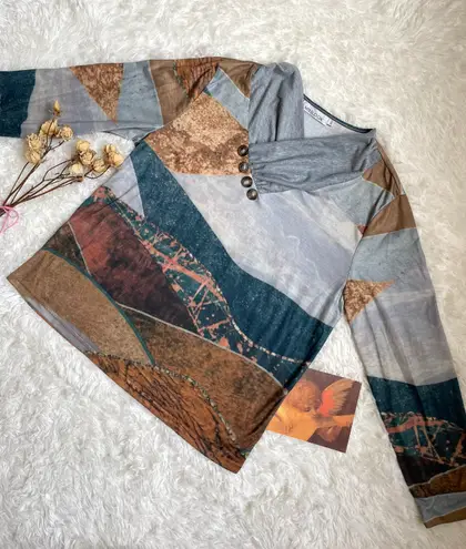 Misook MISSLOOK boho earthy landscape long sleeve top