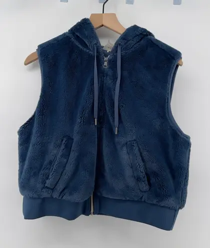 CALIA Women M Full Zip Cropped Vest Hoodie Blue Denim Faux Fur Pockets Athletic Size M