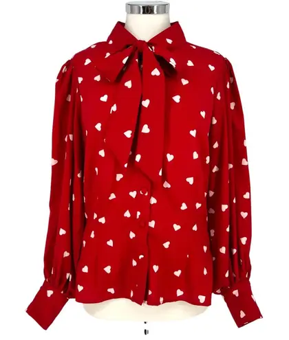 Unique Vintage Gwen Red White Heart Print Blouse Puff Sleeve Size Large