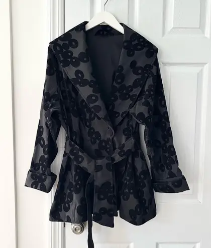 MycraPac Black Reversible Tie Belt Wide Lapel Rain Coat Velour Circle Print 0 P Size 8