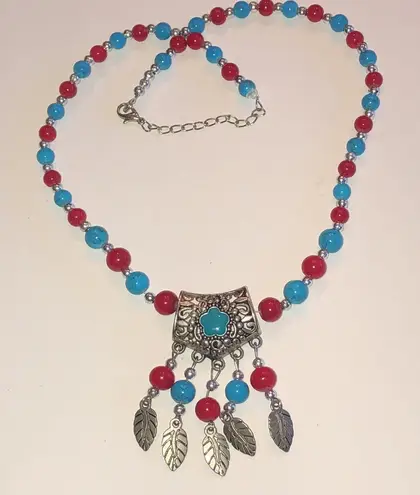 Turquoise Color and Red Beaded Boho Silver Tone Feather Necklace Blue