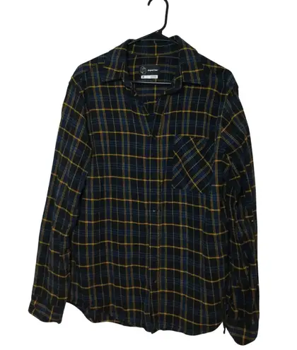 Original Use Flannel Shirt Plaid LongSleeve ButtonUp Top Black BlueYellow M(252)