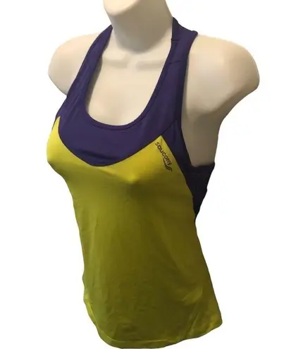 Saucony Bra Top Racerback Tank Zip Pocket On Back Size S Purple/Chartreuse Bike