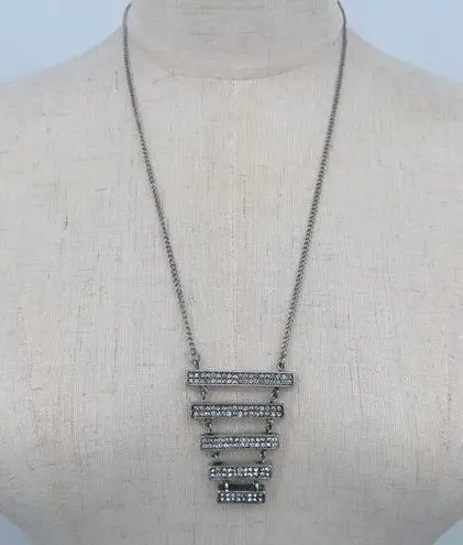 Mark by Avon Statement Necklace Silvertone Rhinestone Stacked Geometric Pendant Silver