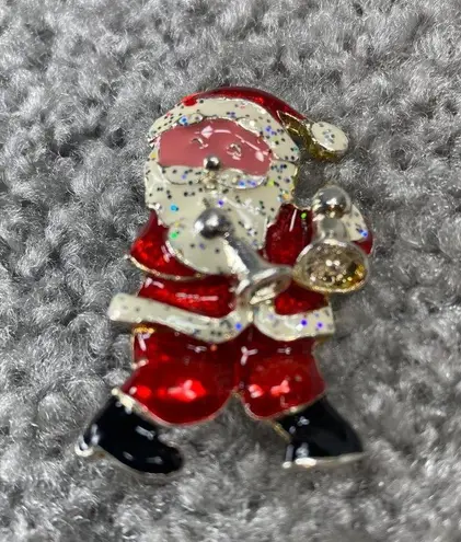 Christmas Santa Jewelry Pin Brooch Playing Horns Metal Glitter Enamel Paint