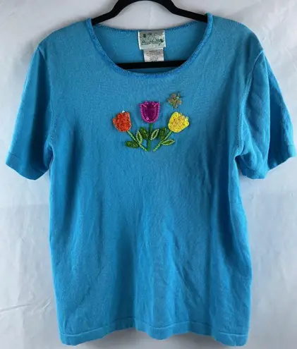 The Quacker Factory Medium Blue Tulip Embroidered Knit Top Short Sleeve Size Med