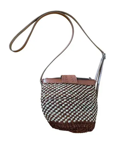 Vintage Medium Sisal & Tooled Leather Adjustable Crossbody Bag Brown