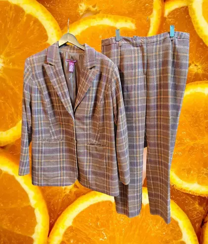 Jessica London Plaid Blazer Pants Suit Set Women 12 Wool Blend Brown Purple