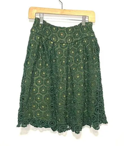 Moulinette Soeurs Anthropologie Citron Green Emerald Crochet Full A-Line Skirt 0