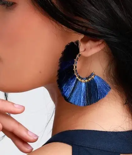 Lulus Burst of Light Navy Blue Fringe Earrings