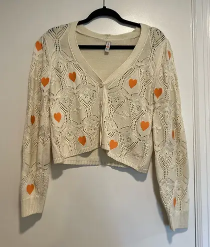 Blue Steel Medium Cream Open Knit Button cardigan w/ Orange Embroidered Hearts.